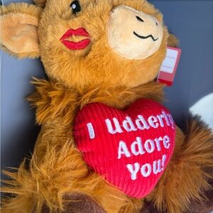 Adorable Brown highland cow valentines Plush Toy with Red Heart